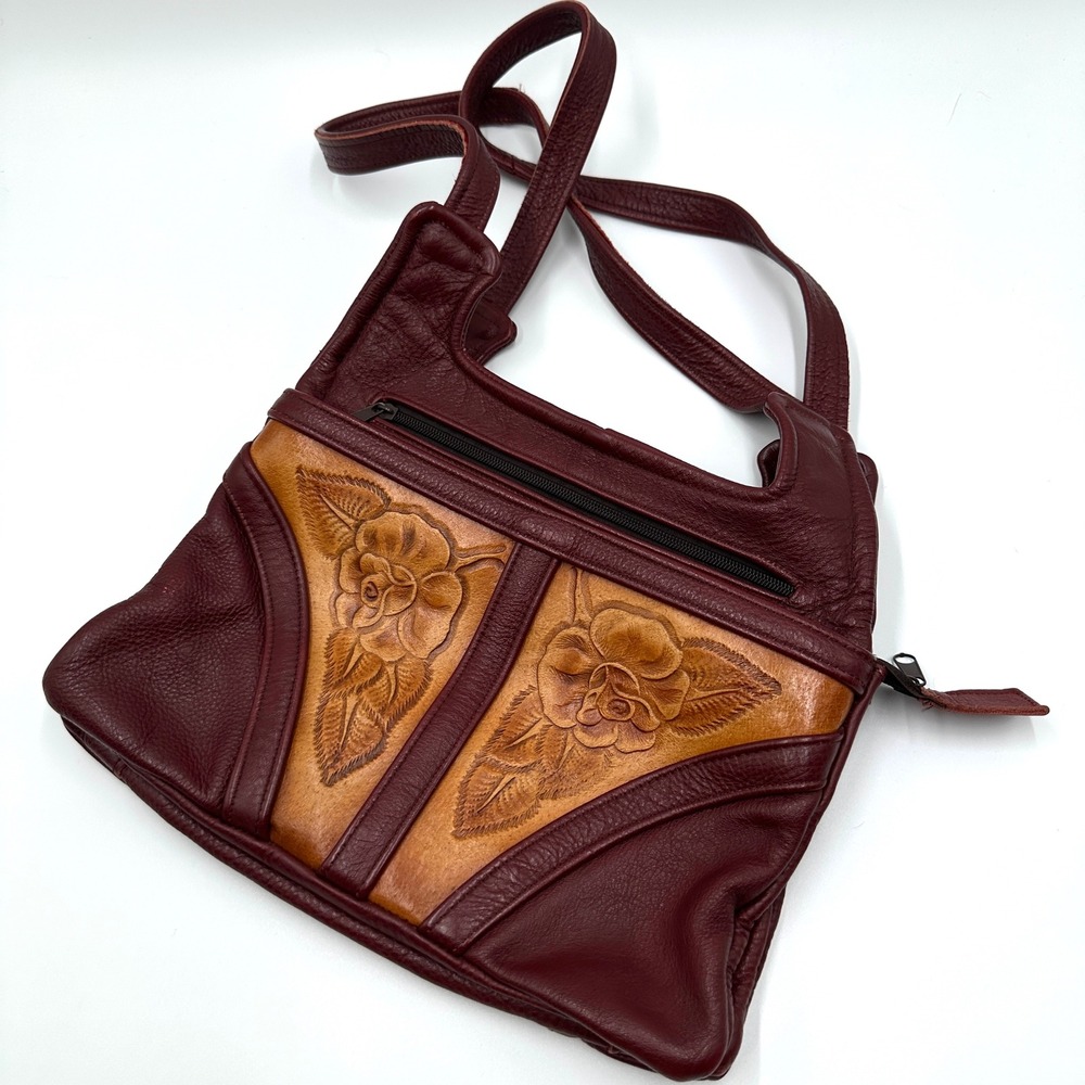 Vintage Leather Shoulder Bag Women Medium Burgundy Good Tooled Rose Western